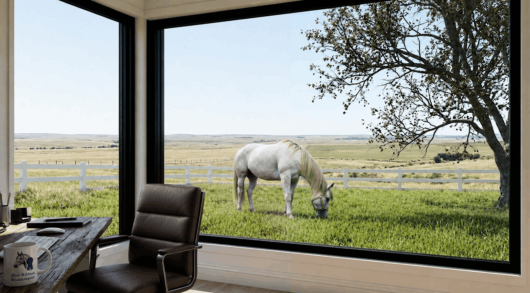 A home office overlooking a pasture where Angel, a white horse, grazes